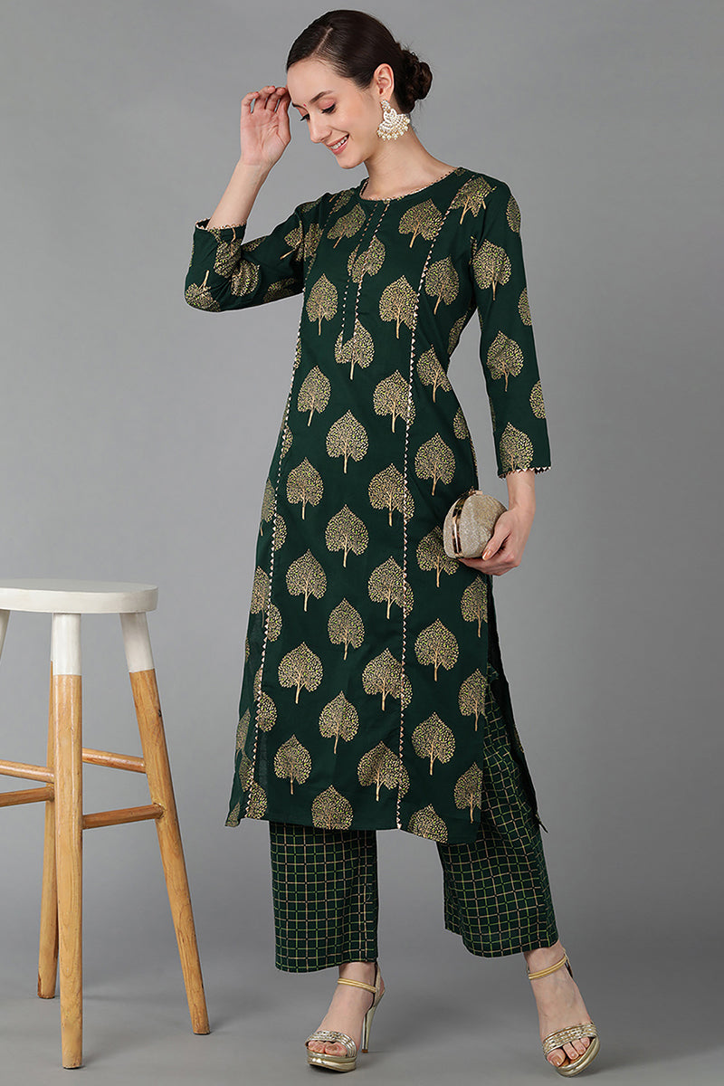 Dark Green Pure Cotton Gotta Patti Kurta Set VKSET1017