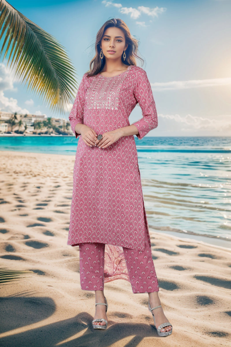 Pink Rayon Blend Straight Kurta Set VKSET1284