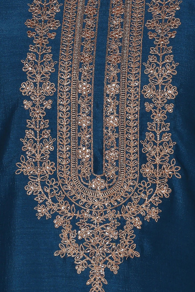 Silk Blend Firozi Embroidered Kurta With Pant VKSET1429