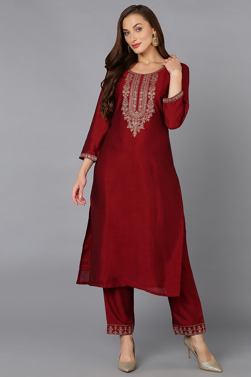 Silk Blend Maroon Embroidered Kurta With Pant VKSET1430