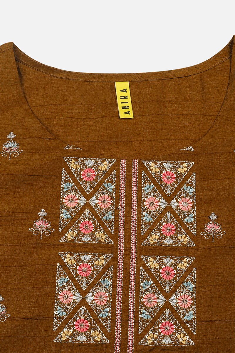 Mustard Silk Blend Floral Straight Kurta Set VKSET1445