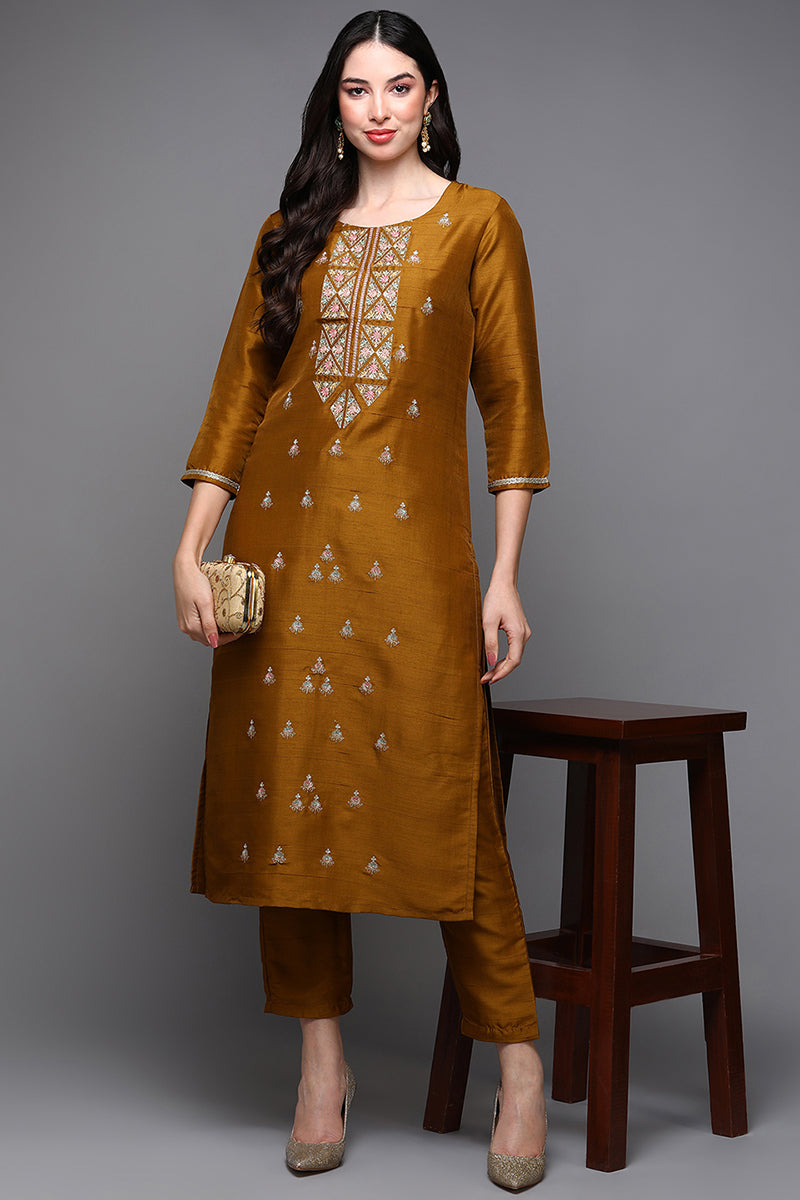 Mustard Silk Blend Floral Straight Kurta Set VKSET1445