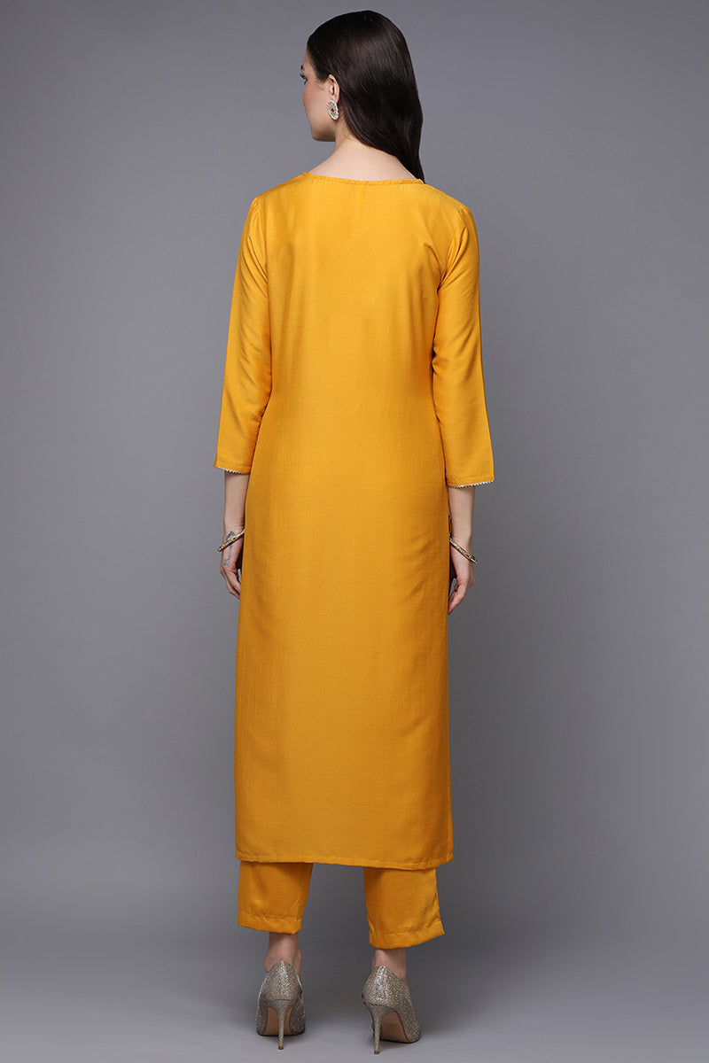 Yellow Silk Blend Ethnic Motifs Straight Kurta Set VKSET1450