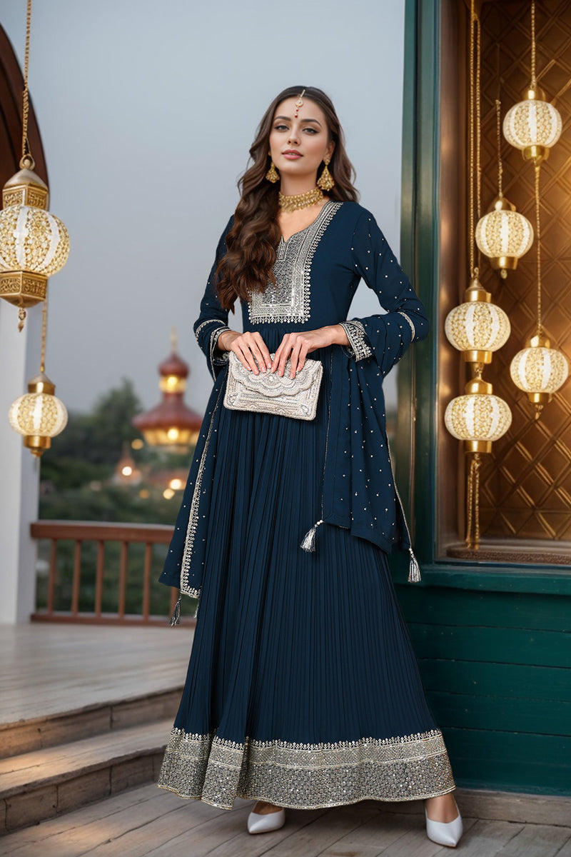 Plus Size Teal Blue Georgette Solid Yoke Design Anarkali Kurta Dupatta Set VKSET1473