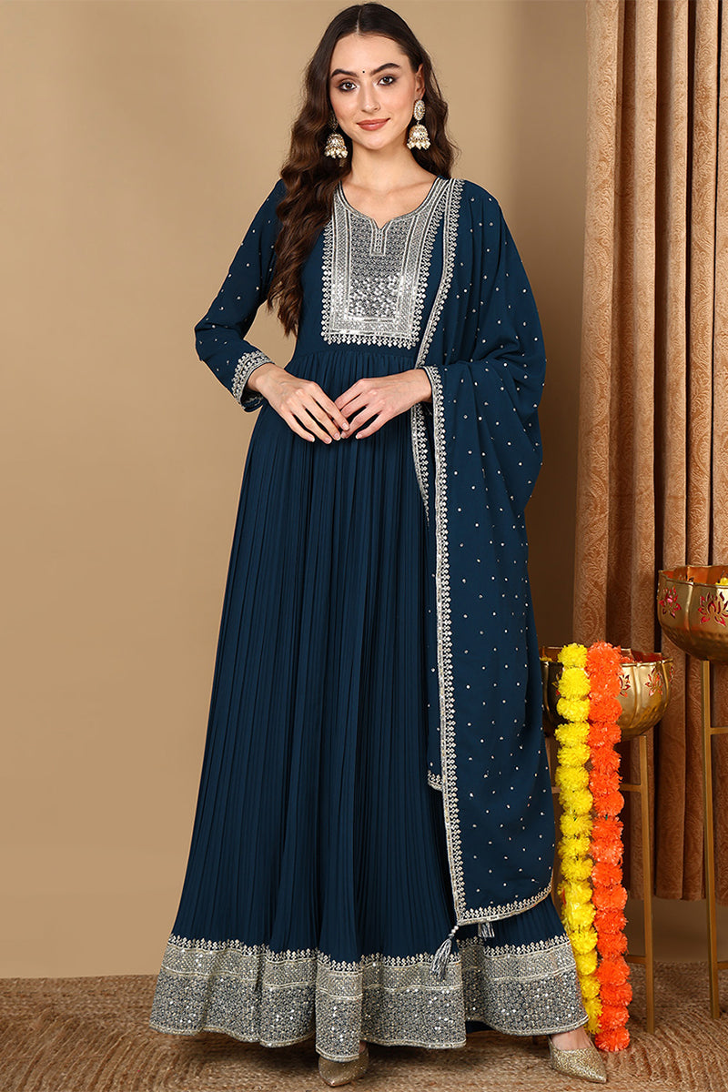 Plus Size Teal Blue Georgette Solid Yoke Design Anarkali Kurta Dupatta Set VKSET1473