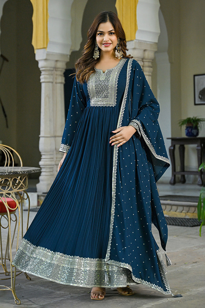 Teal Blue Georgette Solid Yoke Design Anarkali Kurta Dupatta Set VKSET1473