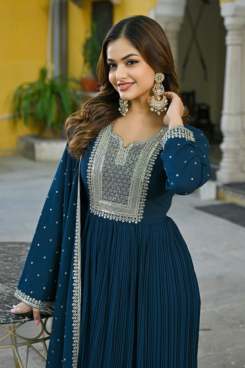 Plus Size Teal Blue Georgette Solid Yoke Design Anarkali Kurta Dupatta Set VKSET1473