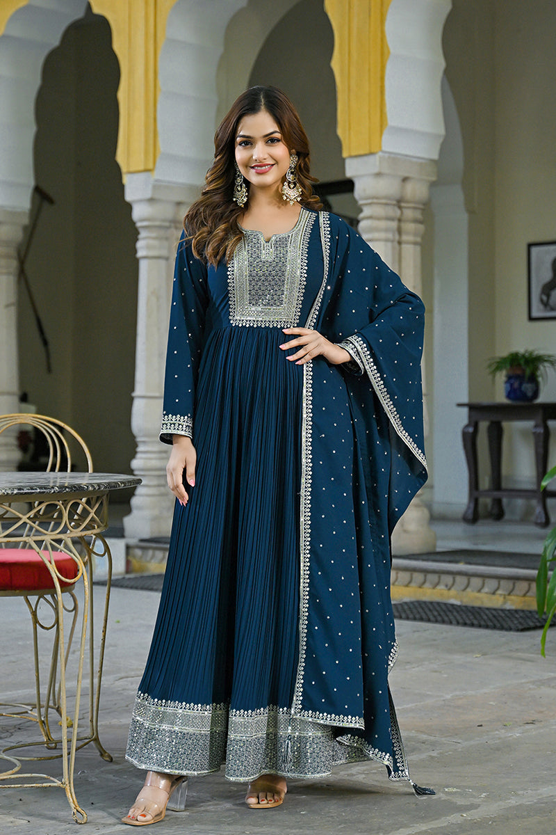 Plus Size Teal Blue Georgette Solid Yoke Design Anarkali Kurta Dupatta Set VKSET1473