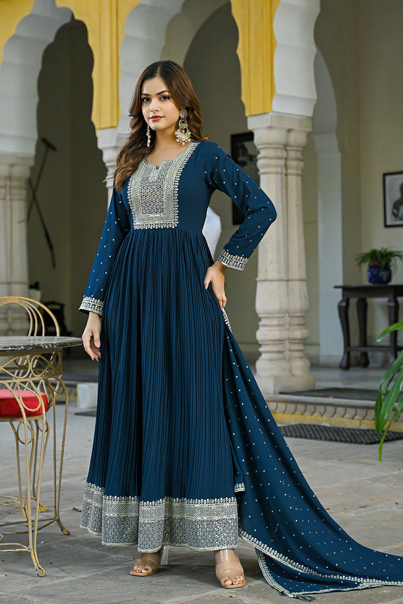 Plus Size Teal Blue Georgette Solid Yoke Design Anarkali Kurta Dupatta Set VKSET1473