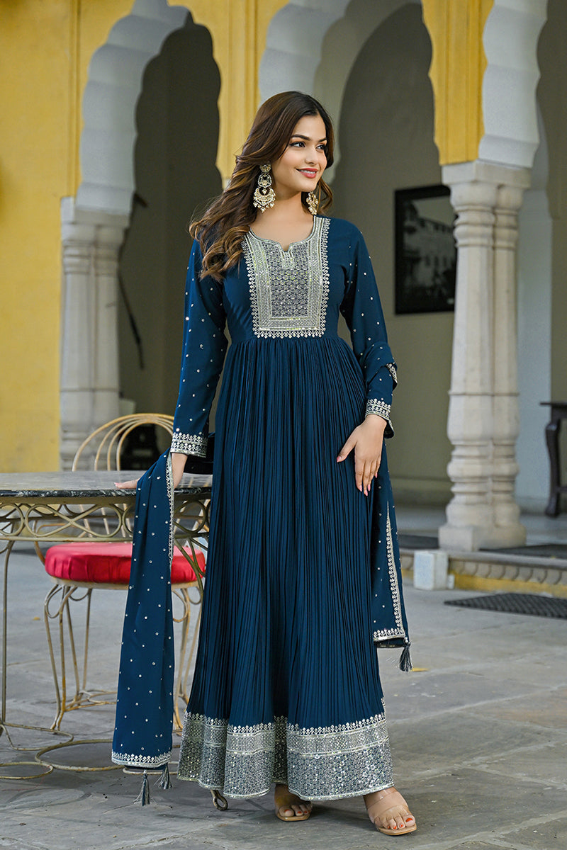 Plus Size Teal Blue Georgette Solid Yoke Design Anarkali Kurta Dupatta Set VKSET1473