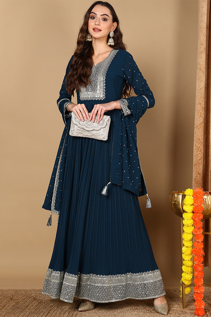 Plus Size Teal Blue Georgette Solid Yoke Design Anarkali Kurta Dupatta Set VKSET1473