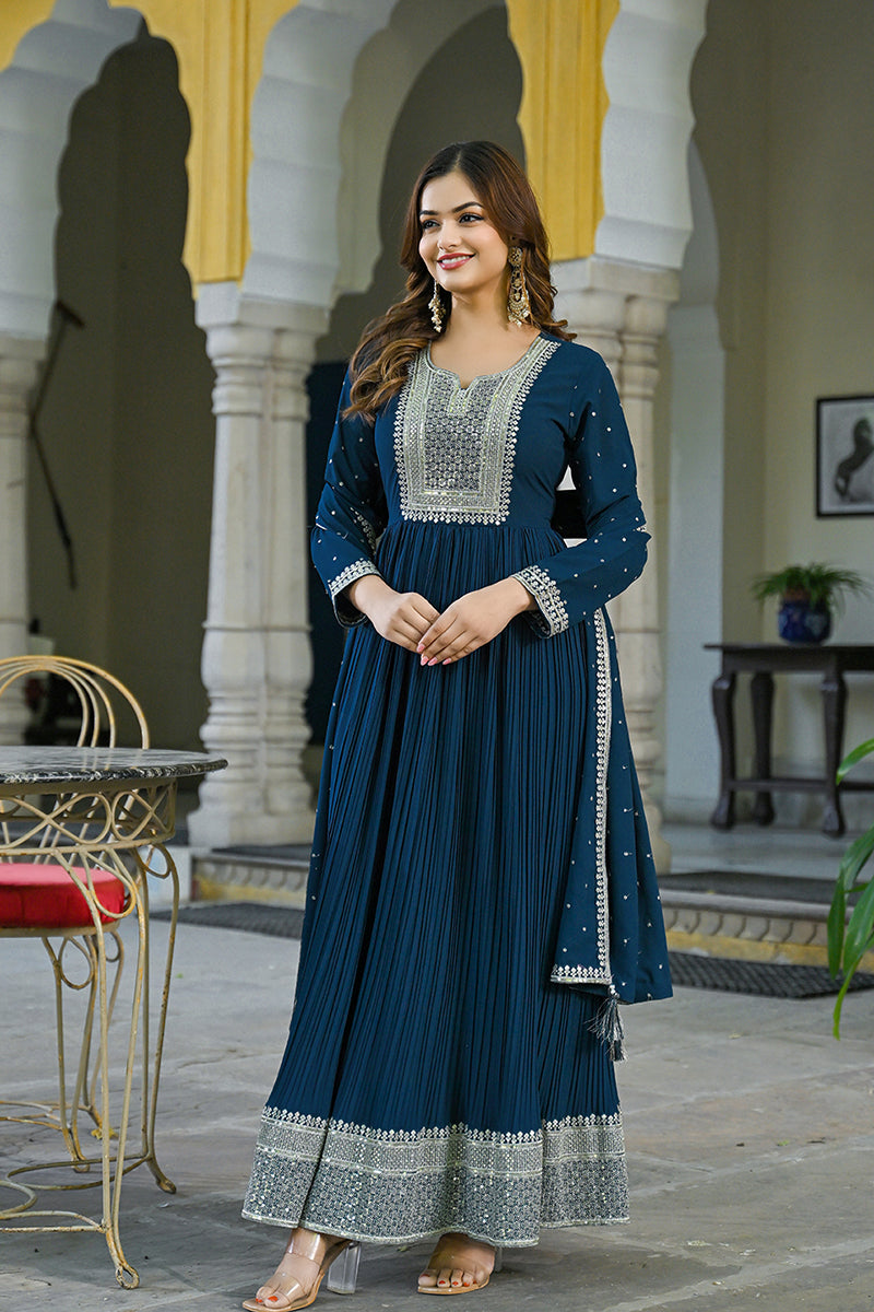 Teal Blue Georgette Solid Yoke Design Anarkali Kurta Dupatta Set VKSET1473