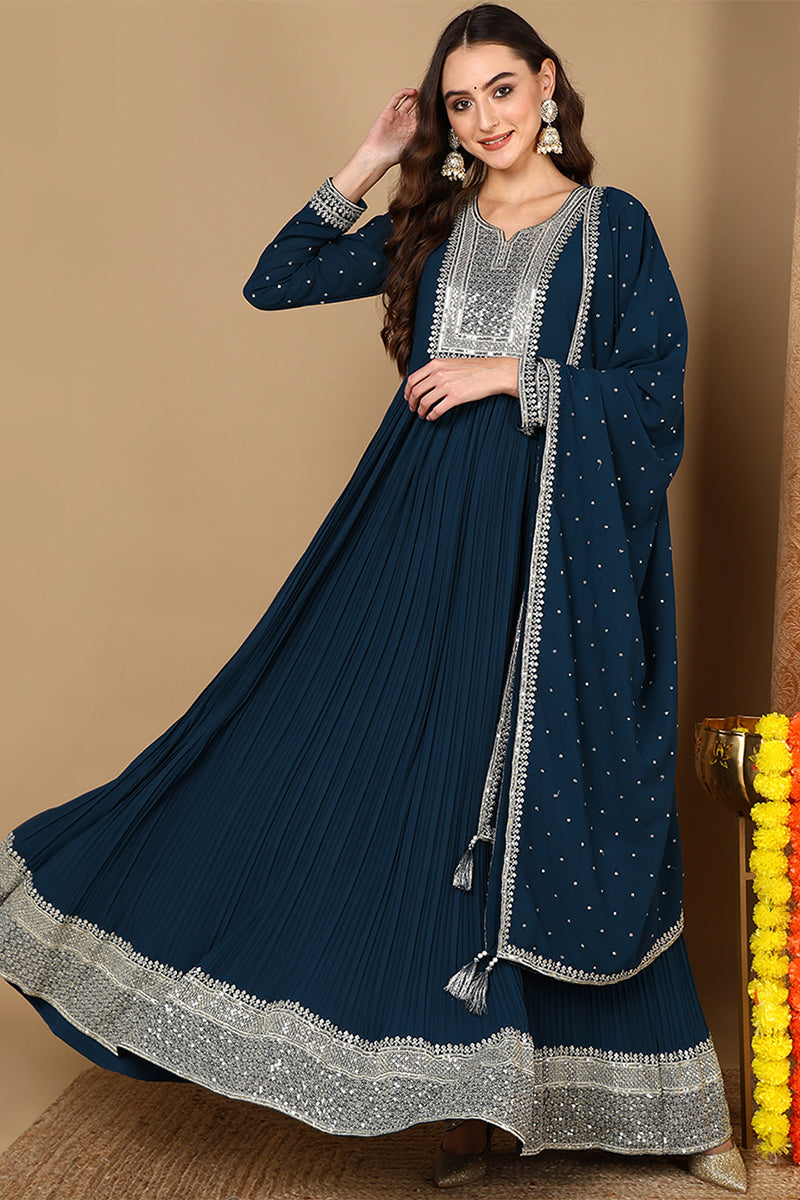 Plus Size Teal Blue Georgette Solid Yoke Design Anarkali Kurta Dupatta Set VKSET1473