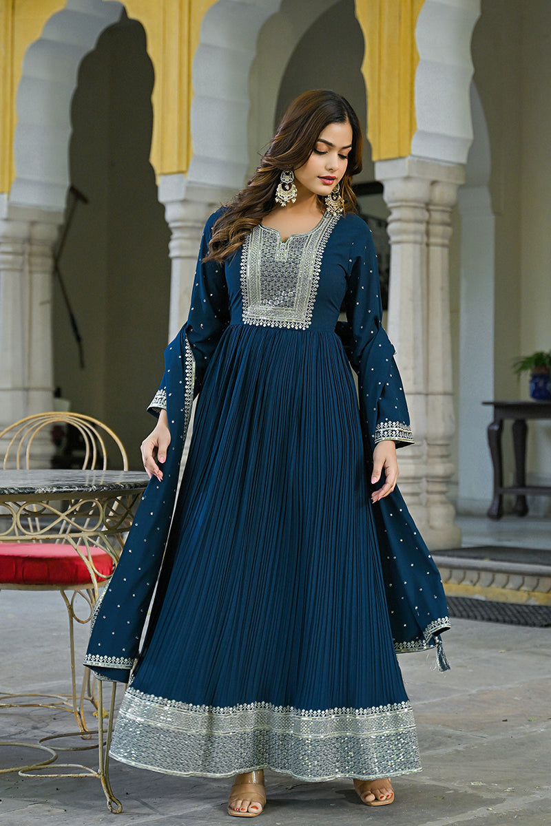 Plus Size Teal Blue Georgette Solid Yoke Design Anarkali Kurta Dupatta Set VKSET1473