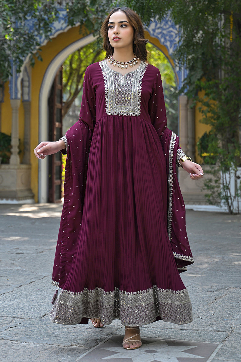 Magenta Georgette Solid Yoke Design Sequined Anarkali Kurta dupatta Set VKSET1480