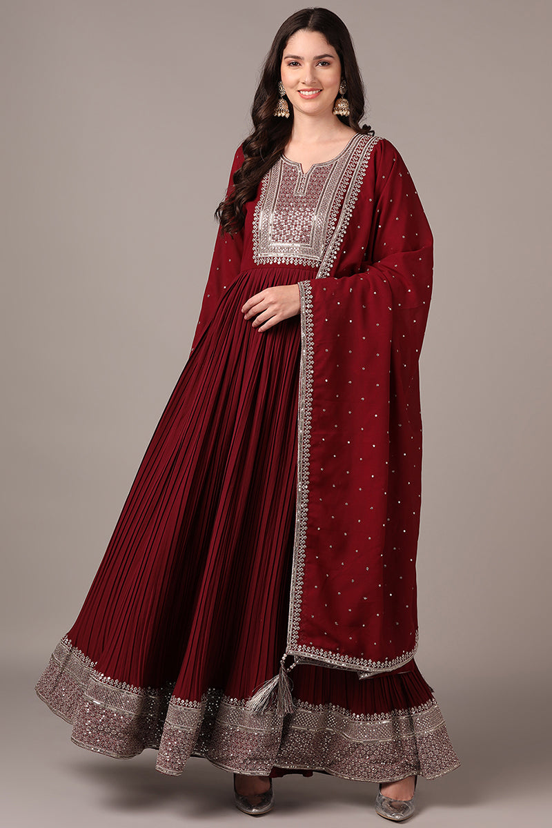 Plus Size Magenta Georgette Solid Yoke Design Sequinned Anarkali Kurta Dupatta Set VKSET1480