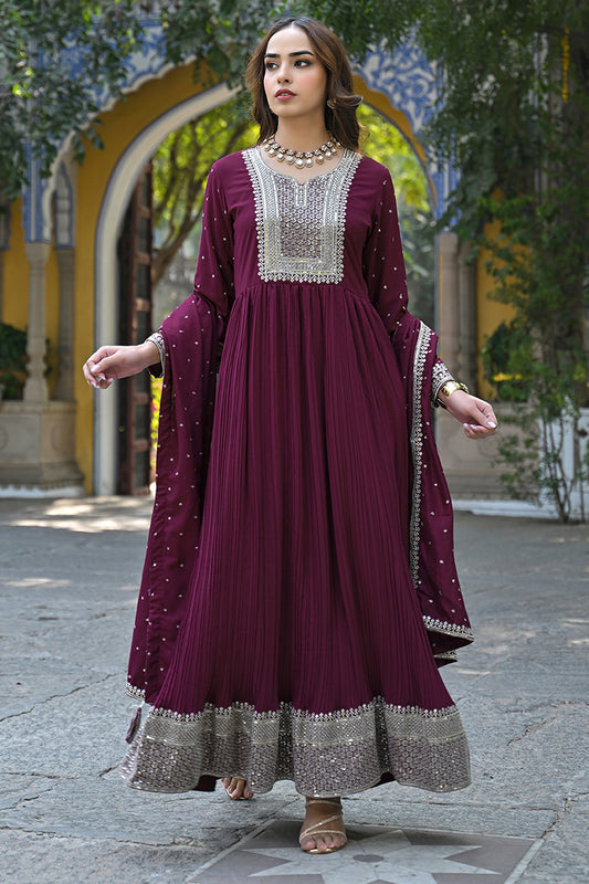 Plus Size Magenta Georgette Solid Yoke Design Sequinned Anarkali Kurta Dupatta Set VKSET1480