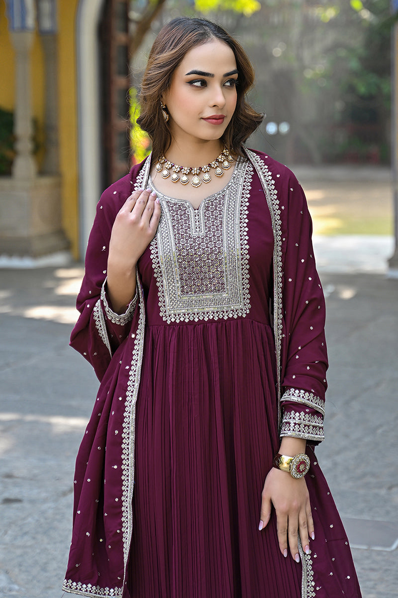 Magenta Georgette Solid Yoke Design Sequined Anarkali Kurta dupatta Set VKSET1480