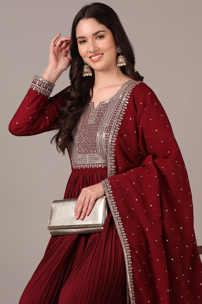 Plus Size Magenta Georgette Solid Yoke Design Sequinned Anarkali Kurta Dupatta Set VKSET1480