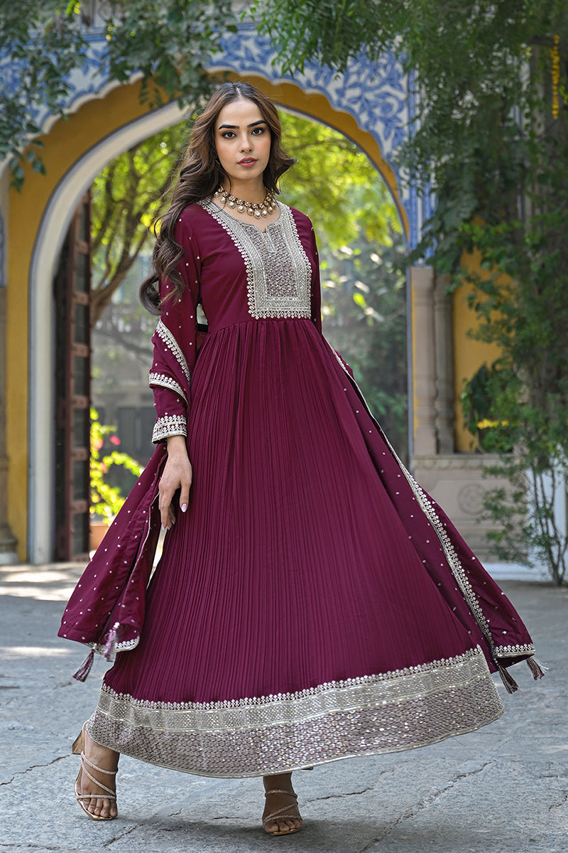 Magenta Georgette Solid Yoke Design Sequined Anarkali Kurta dupatta Set VKSET1480