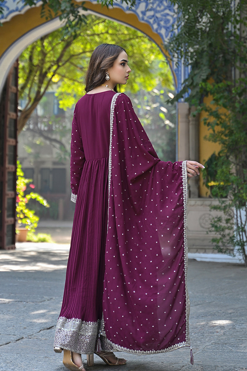 Magenta Georgette Solid Yoke Design Sequined Anarkali Kurta dupatta Set VKSET1480