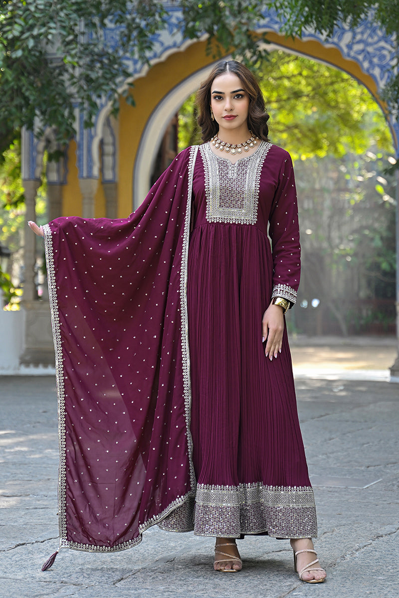 Magenta Georgette Solid Yoke Design Sequined Anarkali Kurta dupatta Set VKSET1480