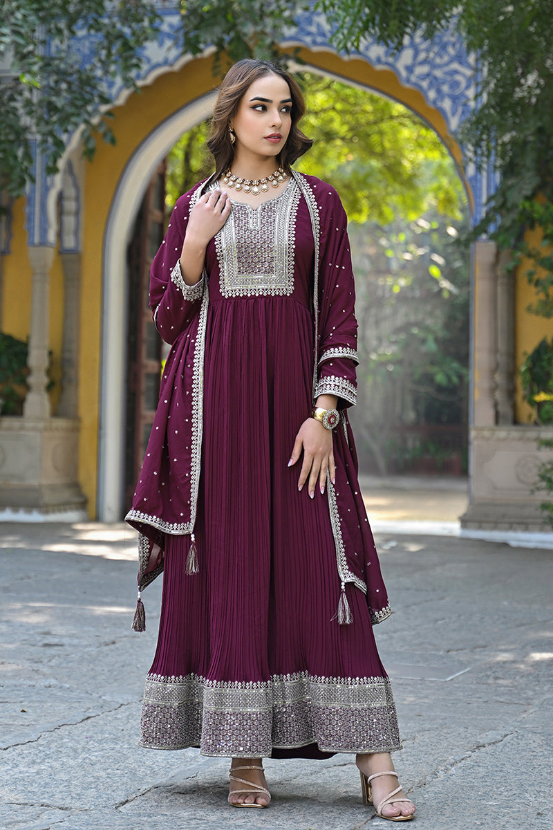 Magenta Georgette Solid Yoke Design Sequined Anarkali Kurta dupatta Set VKSET1480