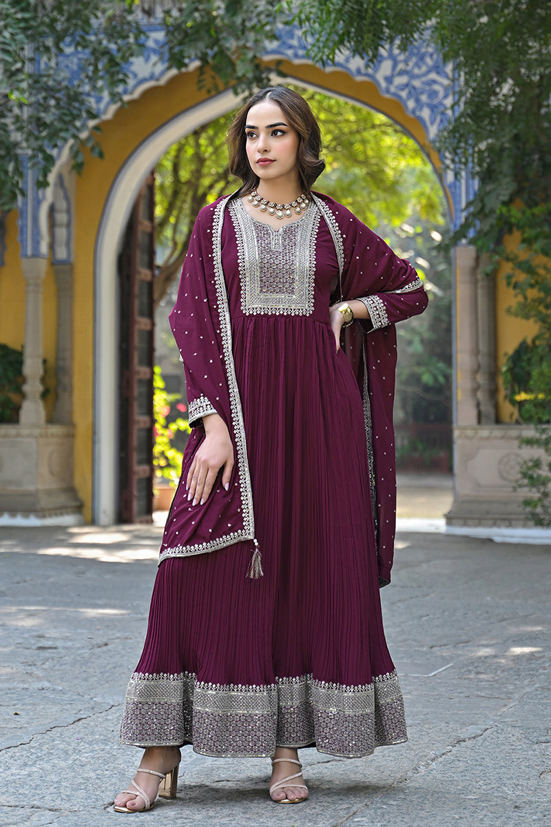 Magenta Georgette Solid Yoke Design Sequined Anarkali Kurta dupatta Set VKSET1480