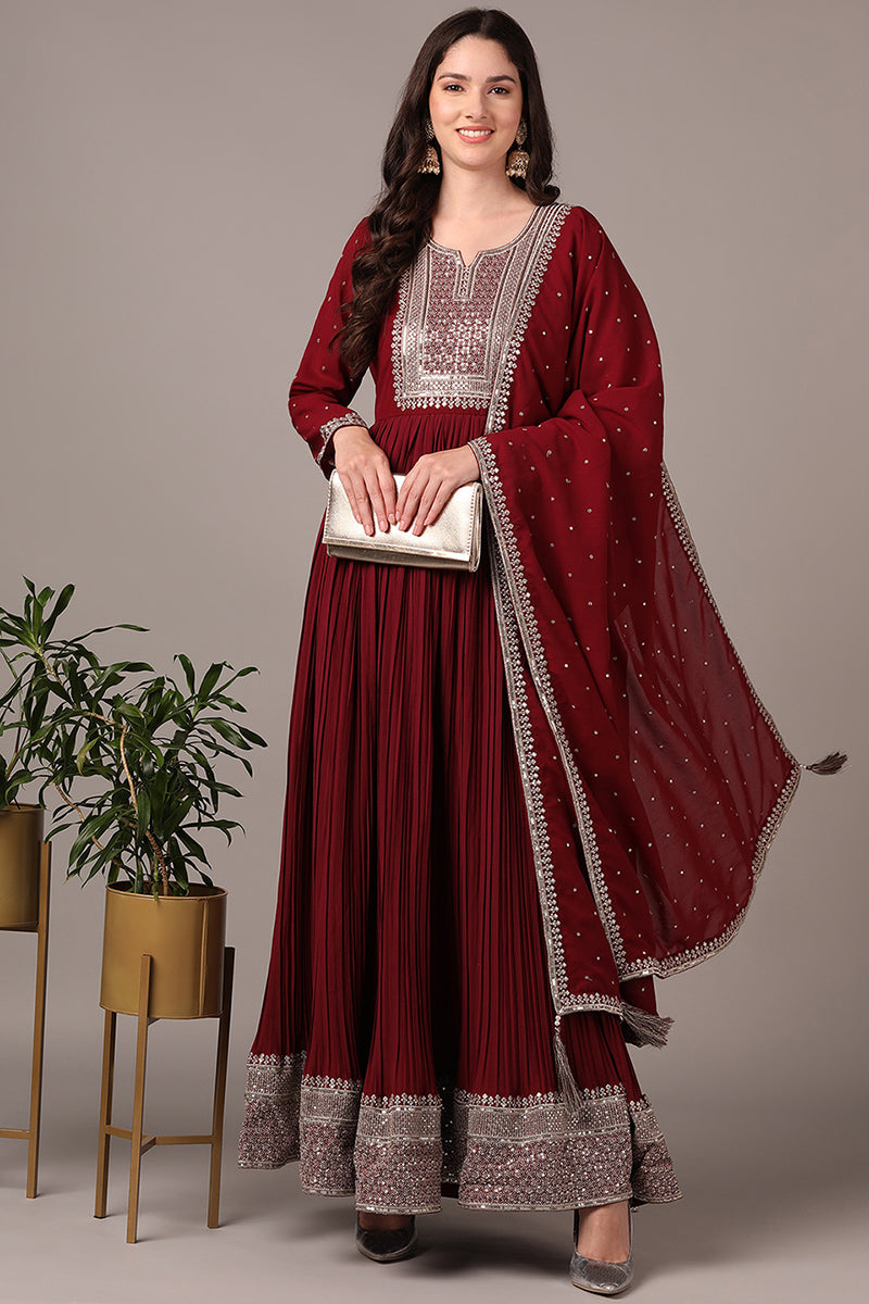 Plus Size Magenta Georgette Solid Yoke Design Sequinned Anarkali Kurta Dupatta Set VKSET1480