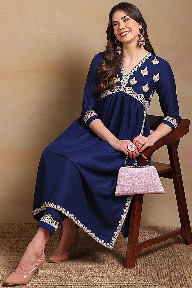 Navy Blue Silk Blend Solid Embroidered Flared Kurta Set VKSET1483