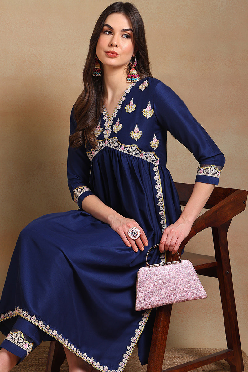 Navy Blue Silk Blend Solid Embroidered Flared Kurta Set VKSET1483