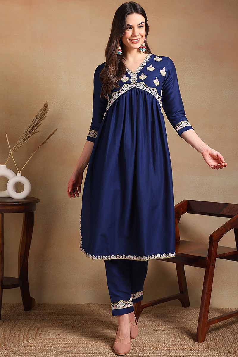 Navy Blue Silk Blend Solid Embroidered Flared Kurta Set VKSET1483