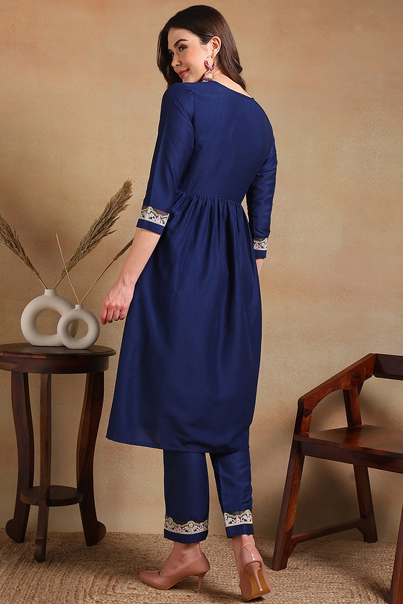 Navy Blue Silk Blend Solid Embroidered Flared Kurta Set VKSET1483