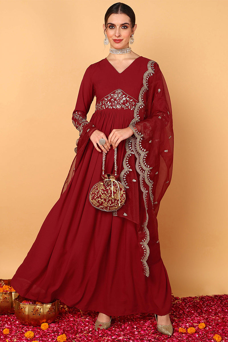 Red Georgette Embroidered Zari Work Flared Kurta Set VKSET1485