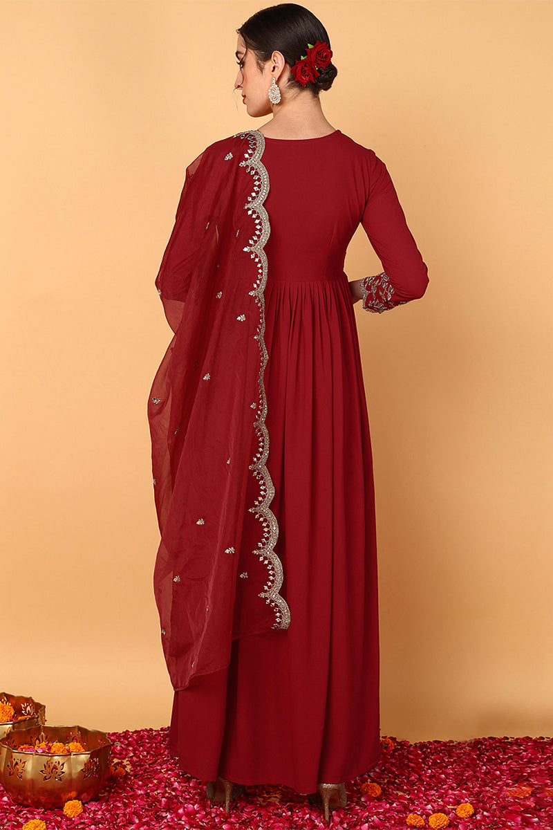 Red Georgette Embroidered Zari Work Flared Kurta Set VKSET1485