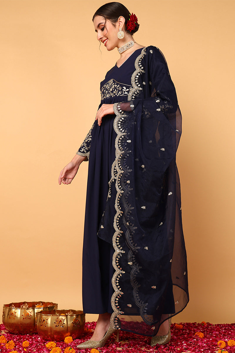 Plus Size Blue Georgette Embroidered Zari Work Flared Kurta Set VKSET1486