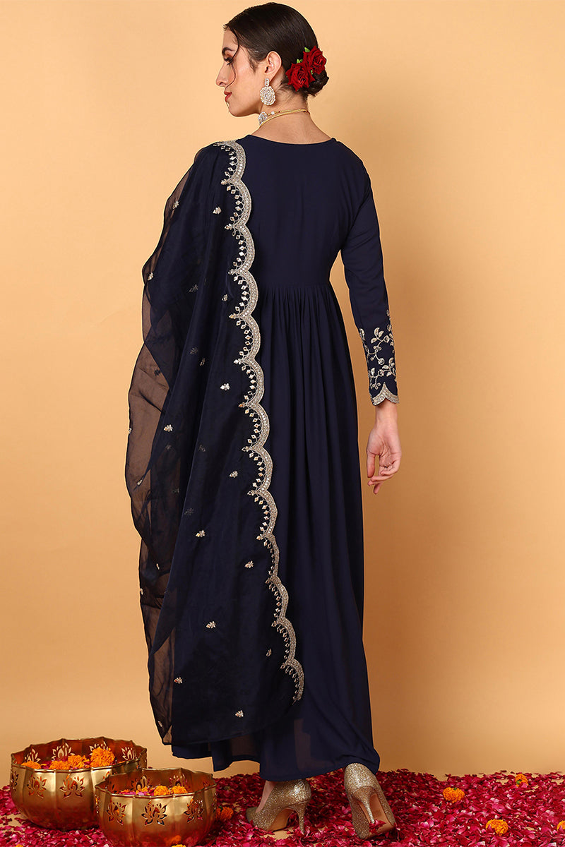 Plus Size Blue Georgette Embroidered Zari Work Flared Kurta Set VKSET1486