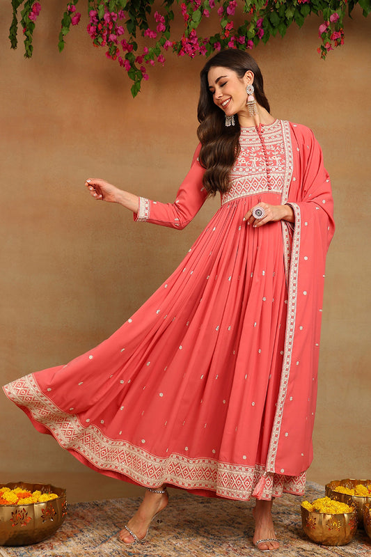 Pink Georgette Embroidered Thread Work Flared Kurta Set VKSET1487