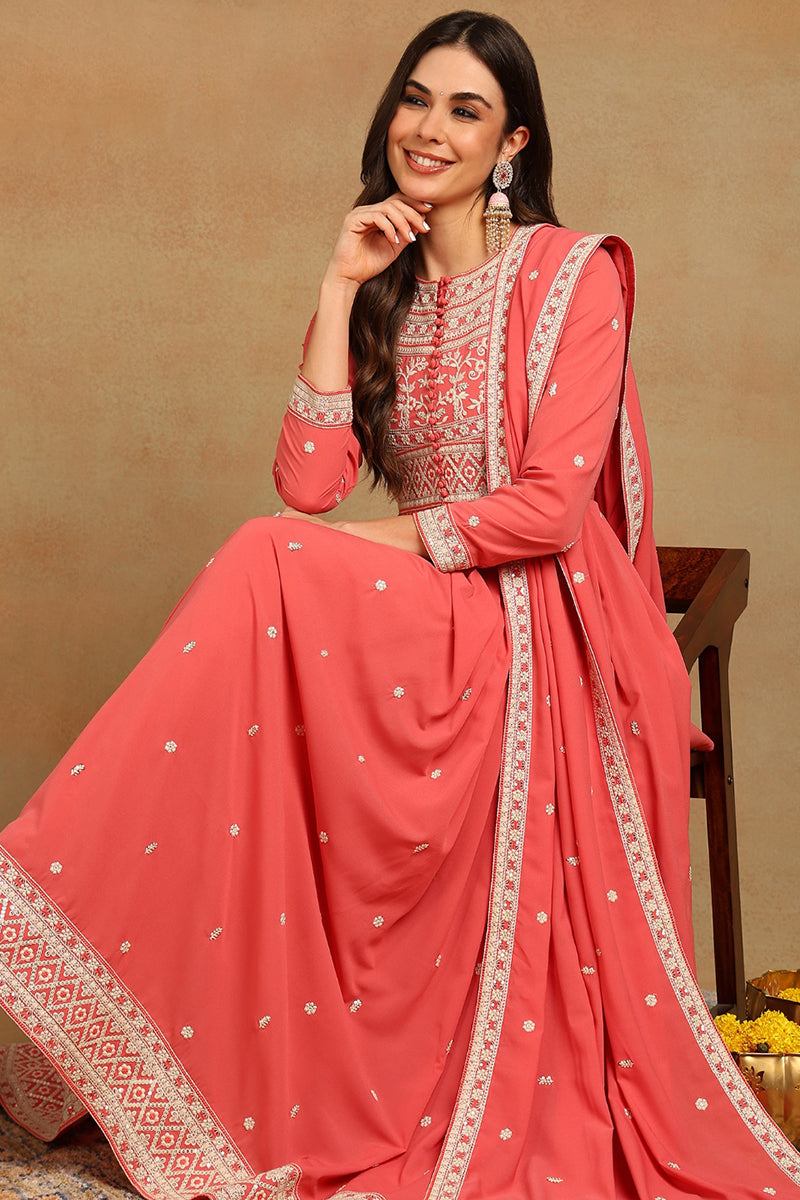 Pink Georgette Embroidered Thread Work Flared Kurta Set VKSET1487