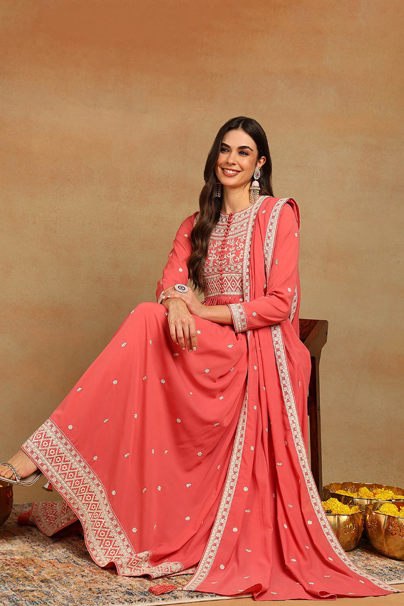 Pink Georgette Embroidered Thread Work Flared Kurta Set VKSET1487