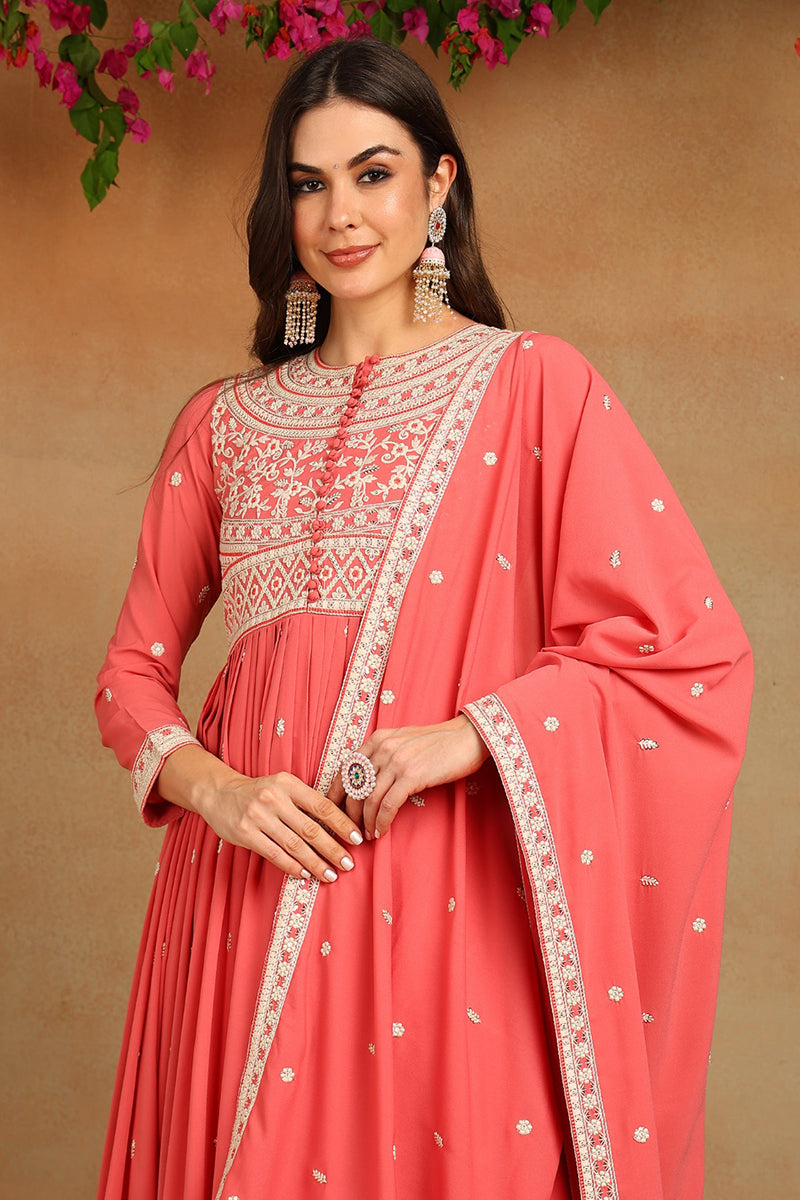 Pink Georgette Embroidered Thread Work Flared Kurta Set VKSET1487