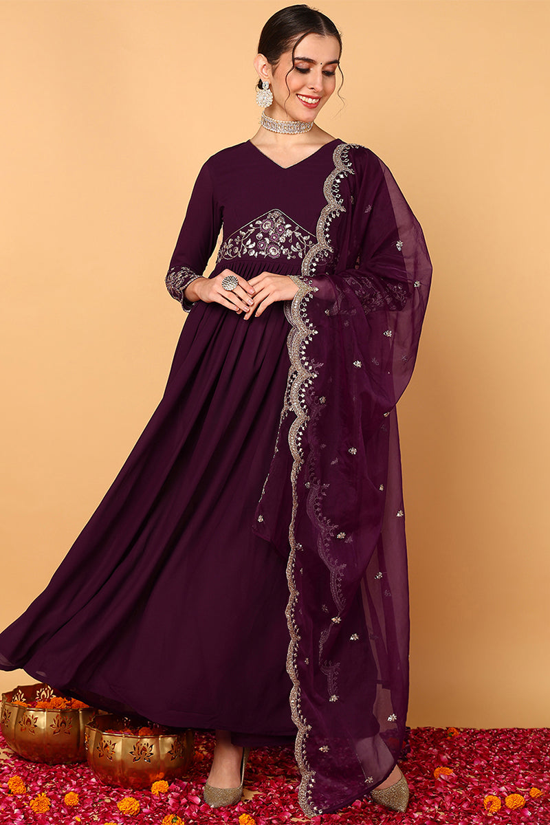 Plus Size Purple Georgette Embroidered Zari Work Flared Kurta Set VKSET1489