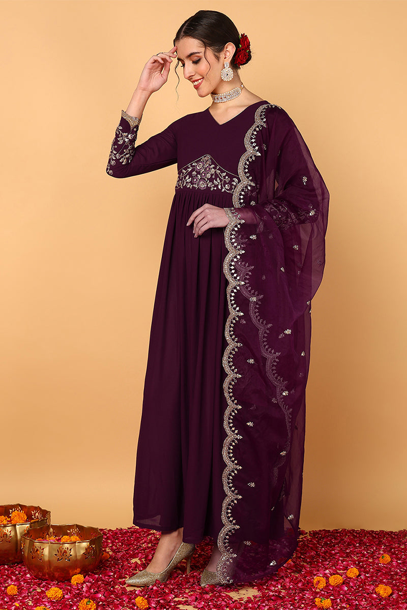 Plus Size Purple Georgette Embroidered Zari Work Flared Kurta Set VKSET1489