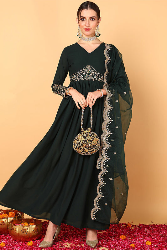 Plus Size Green Georgette Embroidered Zari Work Flared Kurta Set VKSET1490