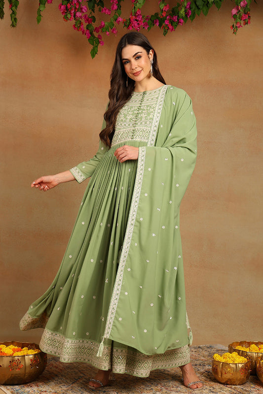 Plus Size Green Georgette Embroidered Thread Work Flared Kurta Set VKSET1491