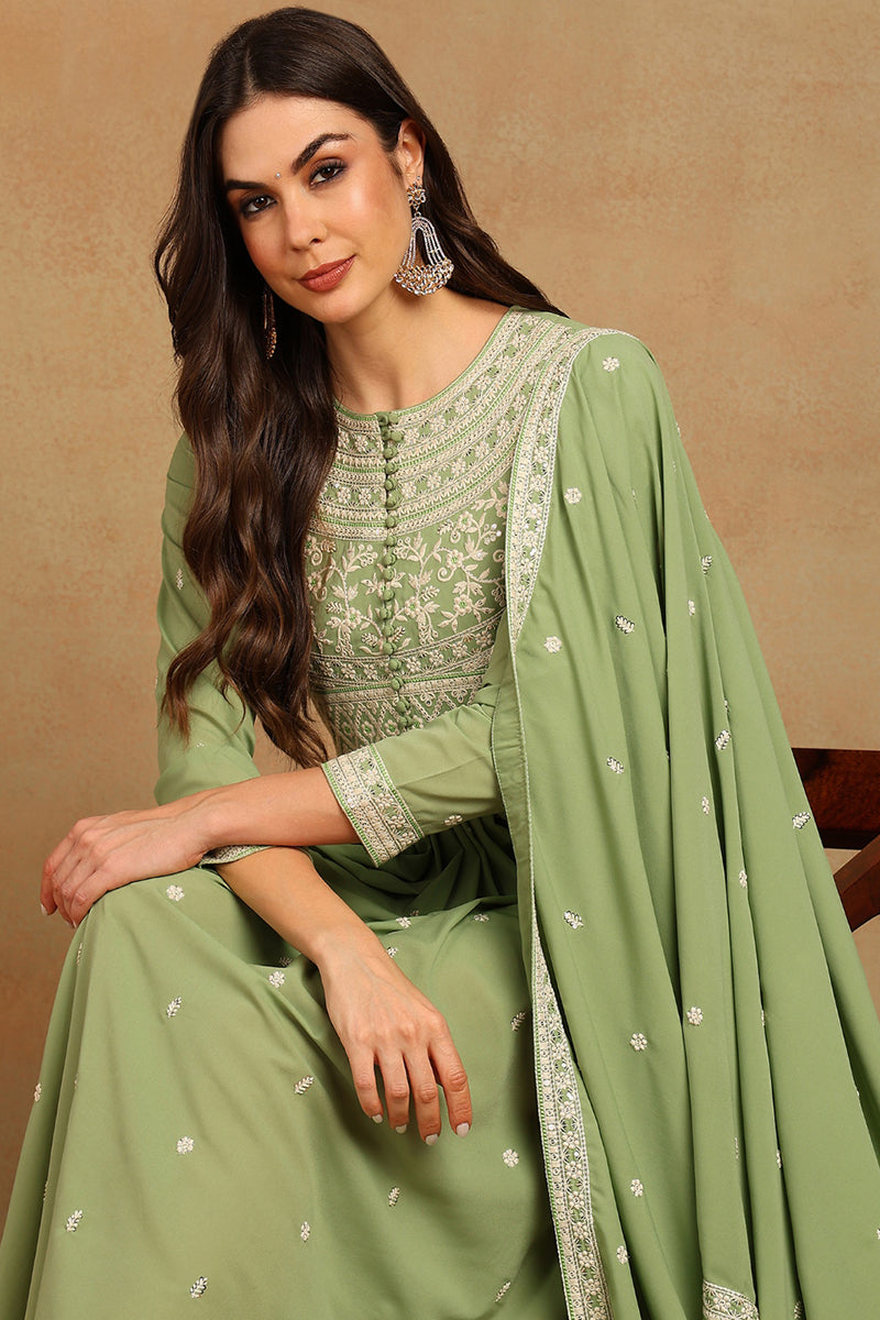 Green Georgette Embroidered Thread Work Flared Kurta Set VKSET1491