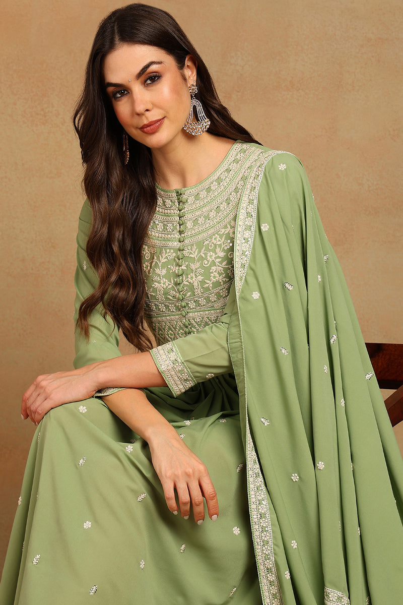 Plus Size Green Georgette Embroidered Thread Work Flared Kurta Set VKSET1491