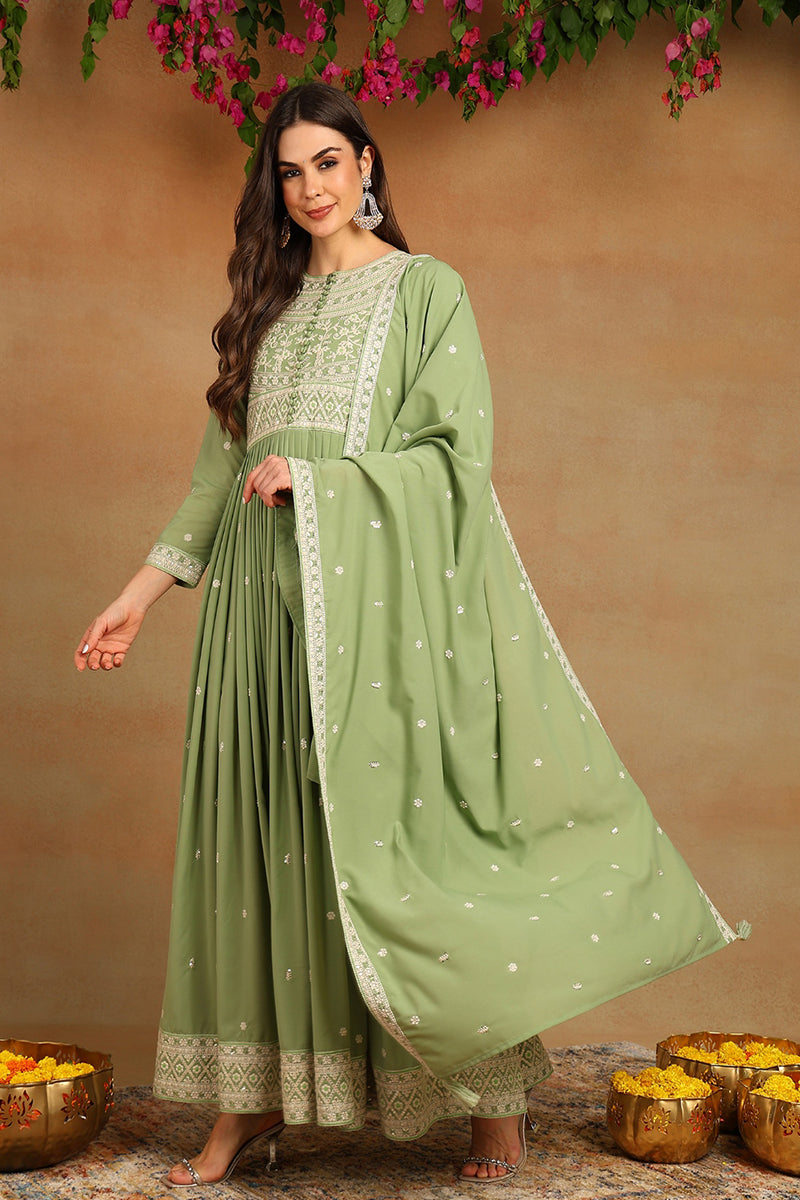 Green Georgette Embroidered Thread Work Flared Kurta Set VKSET1491