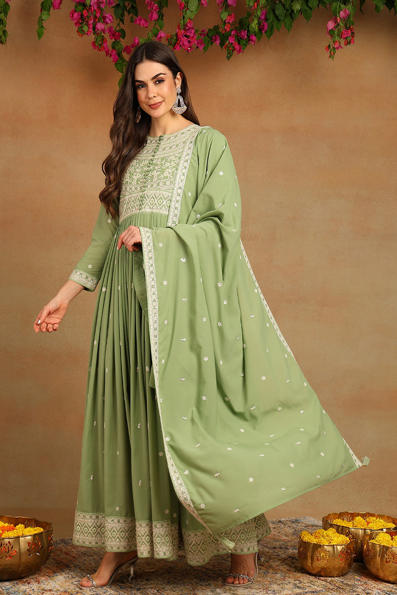 Plus Size Green Georgette Embroidered Thread Work Flared Kurta Set VKSET1491