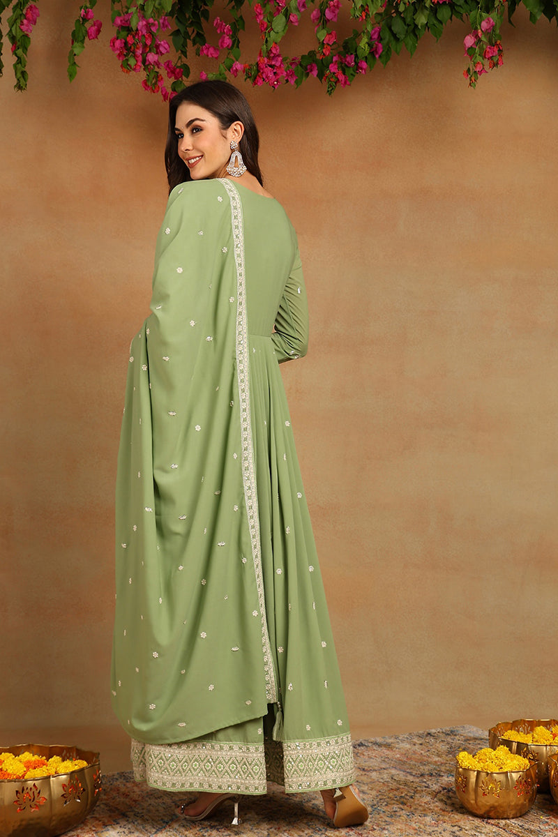 Green Georgette Embroidered Thread Work Flared Kurta Set VKSET1491